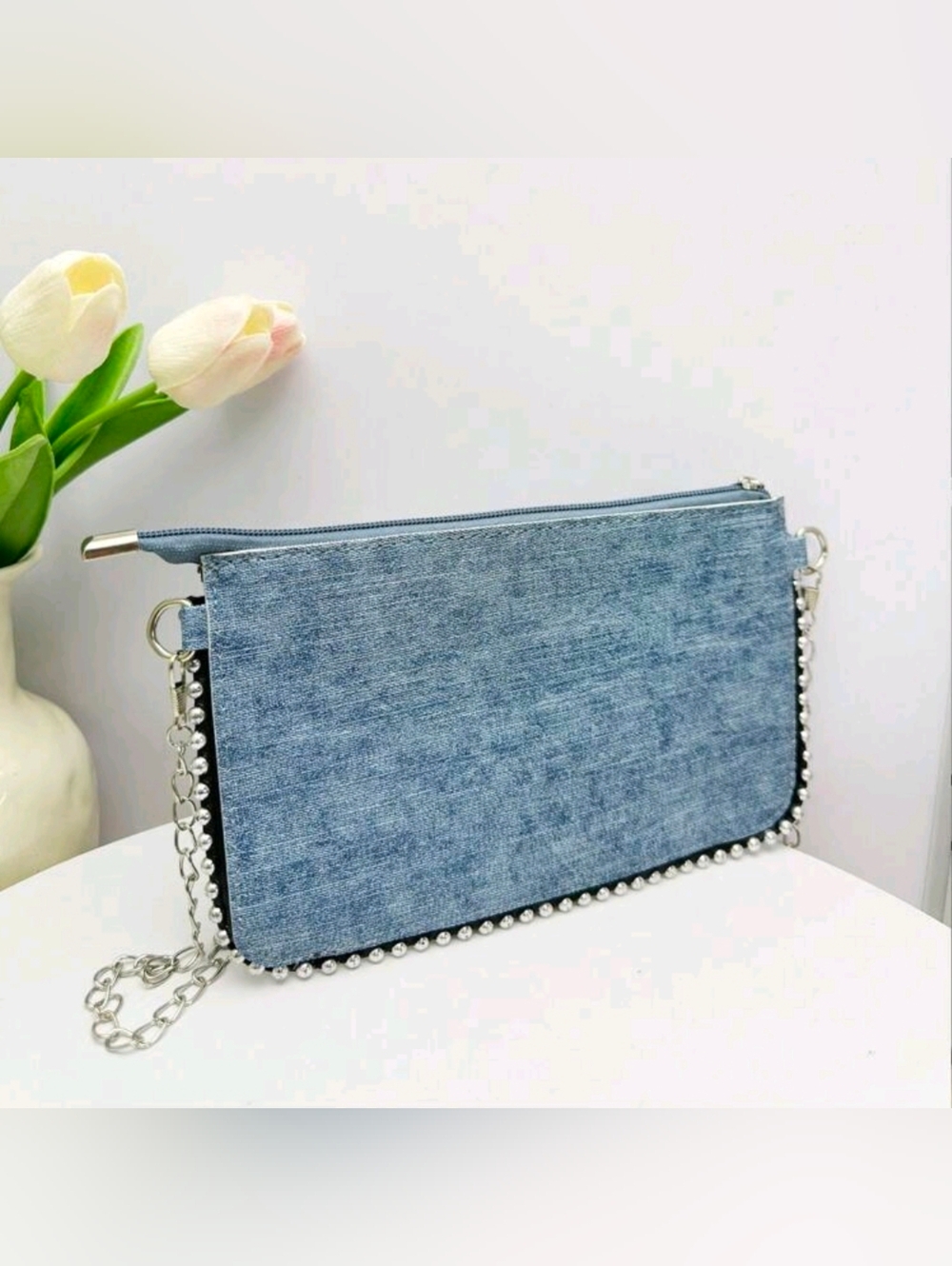 💕 $8 bundled SHEIN Light Blue Denim Chain Studded Trim Wristlet Clutch